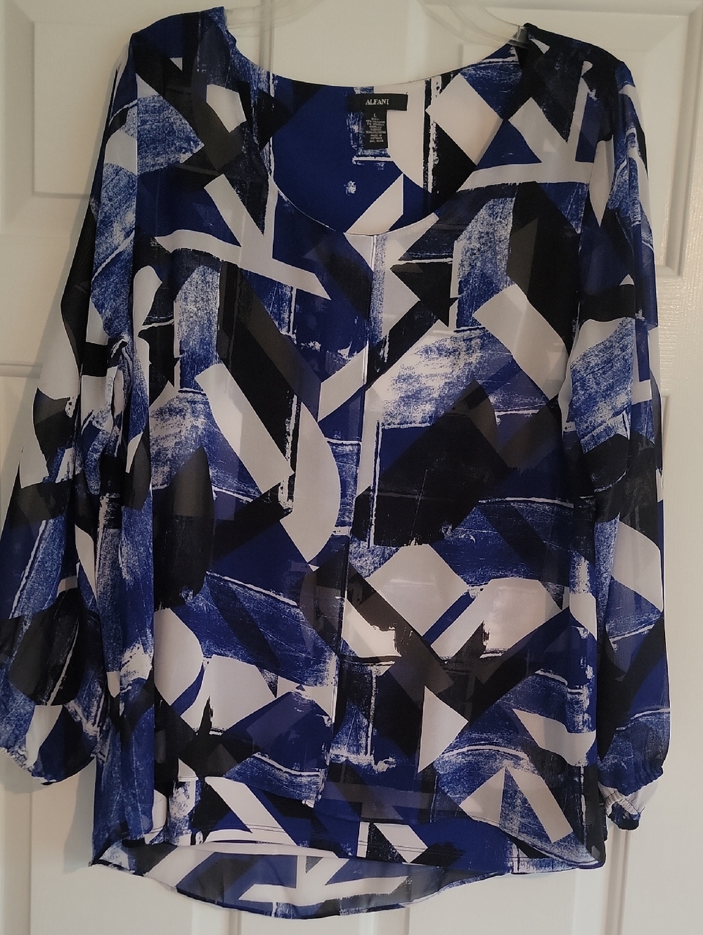 Alfani Abstract Geometric Sheer Flyaway Blouse in Blue, Black & White, Size L